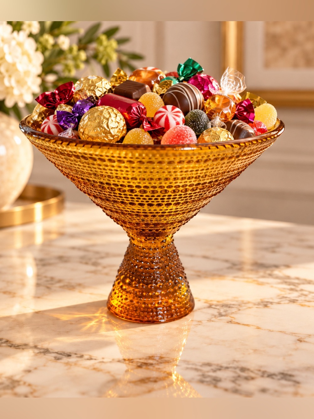 Amber Textured Glass Pedestal Bowl